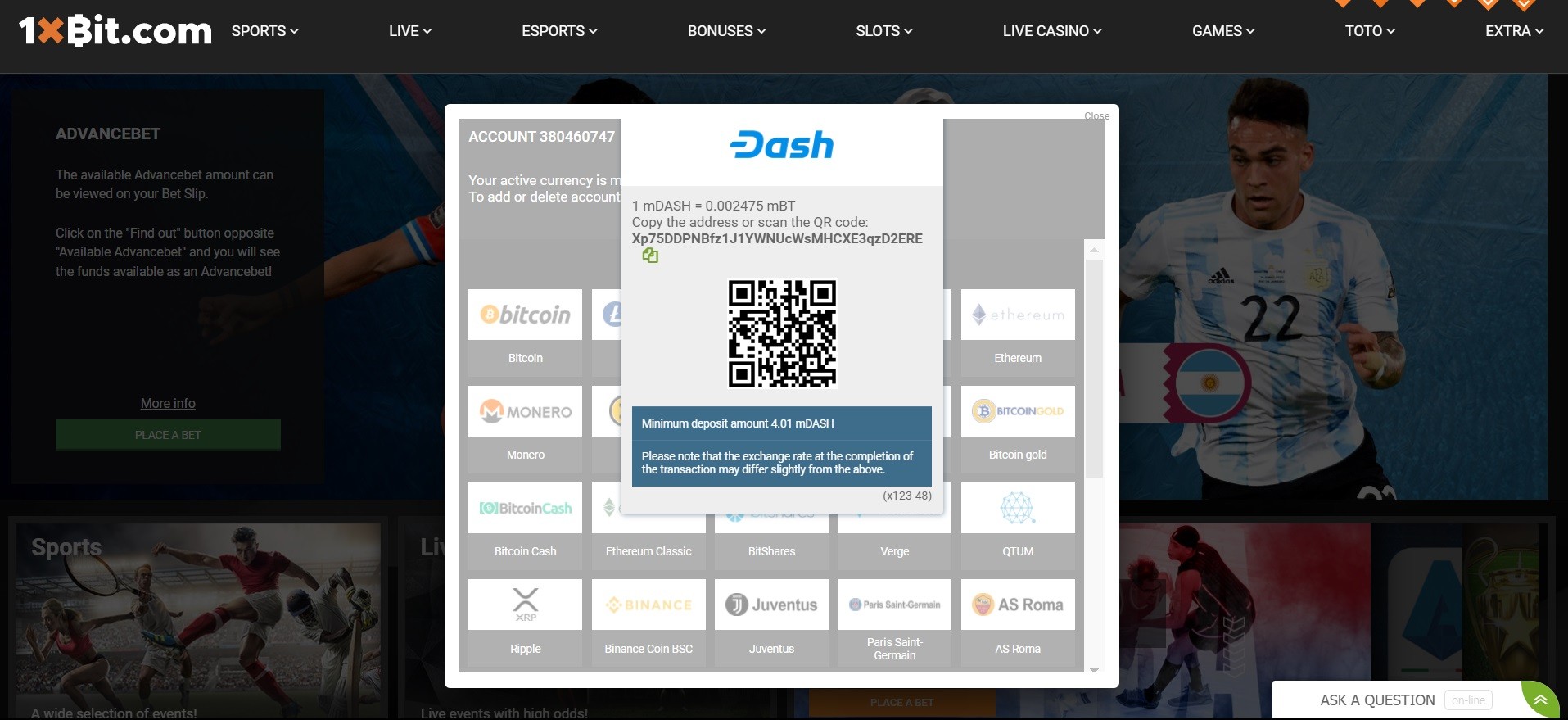 dash deposit 1xbit