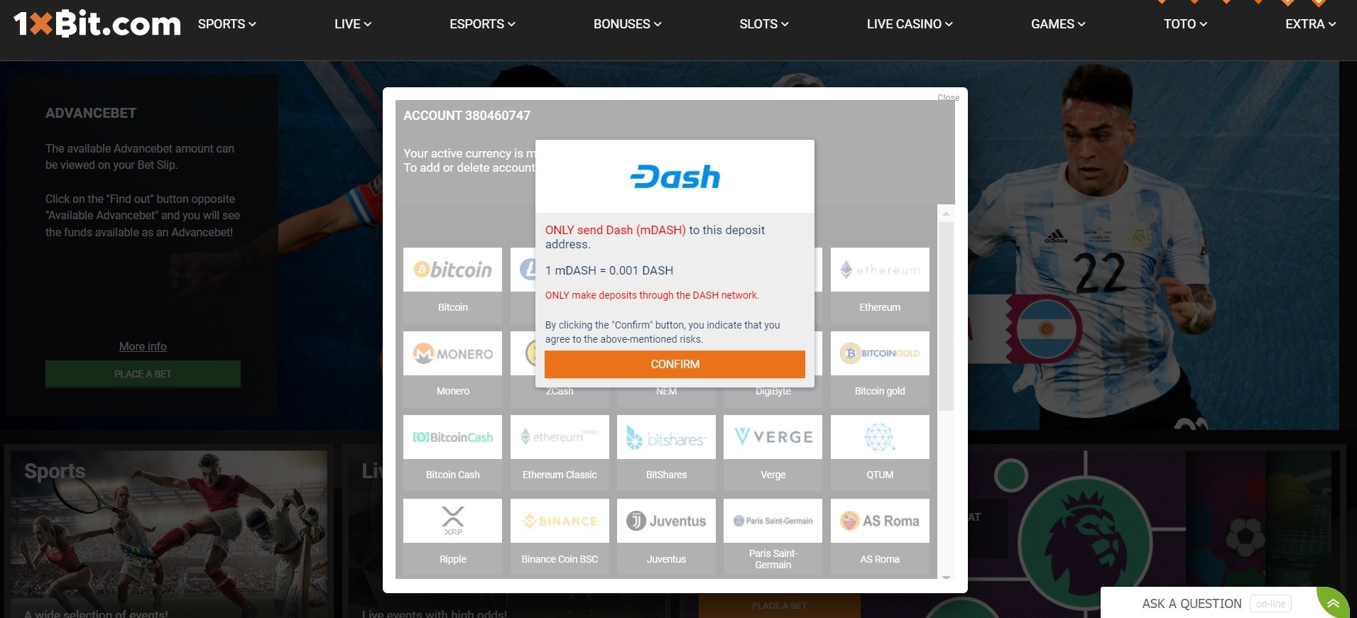 dash deposit 1xbit