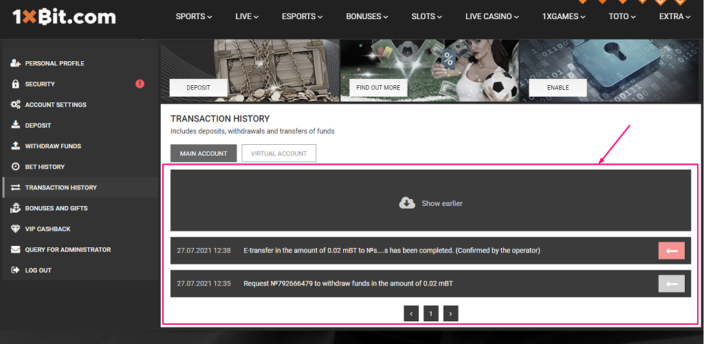 transaction history 1xbit txid hash